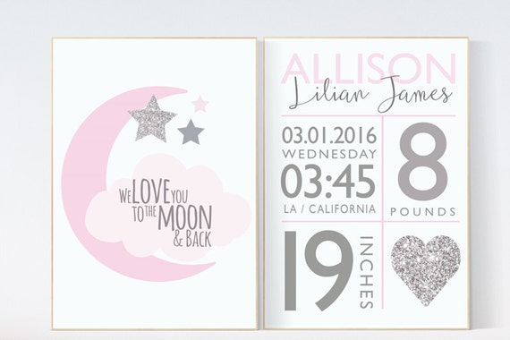 Birth stats wall art, pink silver nursery, we love you to the moon, baby birth stats, pink and silver baby shower, baby girl room decor
