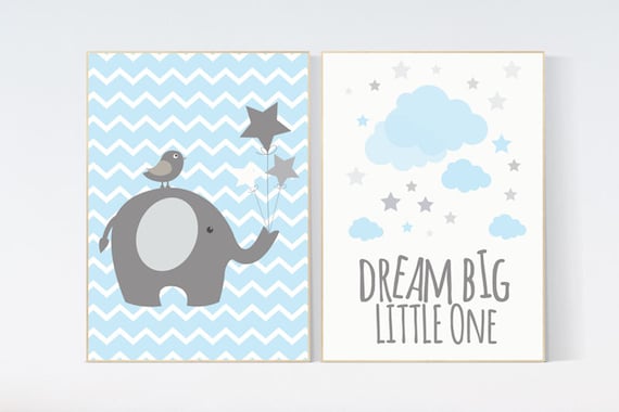 Baby boy nursery set, elephant nursery, blue nursery decor, Dream Big Little One Art Print baby boy nursery blue gray nursery wall art