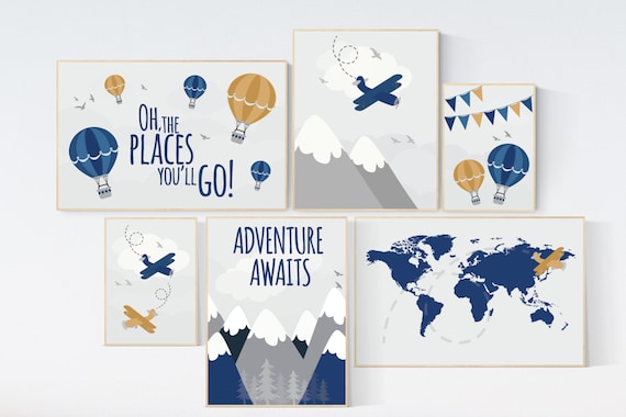 Adventure nursery decor, nursery decor boy adventure, nursery decor boy airplane, world map nursery, adventure awaits, oh the places