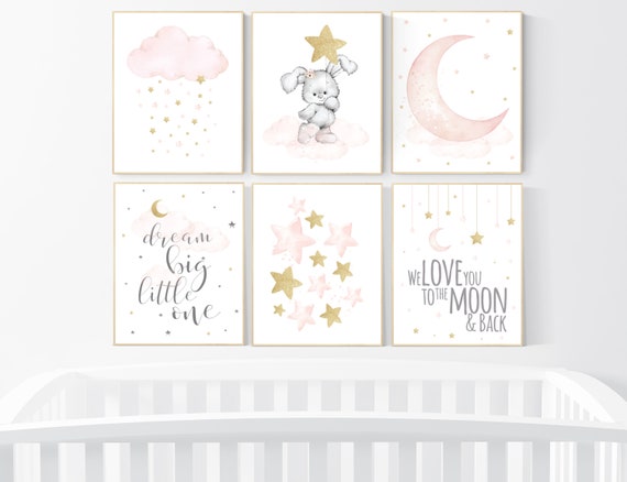 Nursery decor girl, Blush pink and gold, nursery wall art girl, bunny nursery, blush pink gold, girl nursery wall decor, cloud and moon
