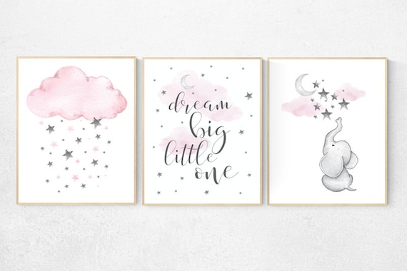 Elephant nursery, Nursery decor girl pink and gray, nursery decor girl pink, pink nursery, dream big little one, cloud nursery. pink nursery