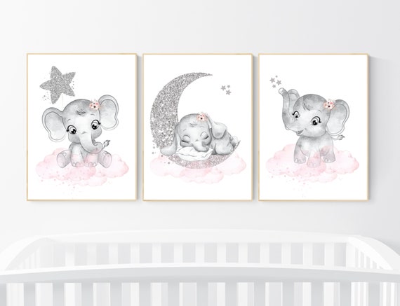 Girl nursery decor, pink and silver, elephant nursery prints, nursery wall art girl, baby girl elephant nursery decor, girl nursery wall art
