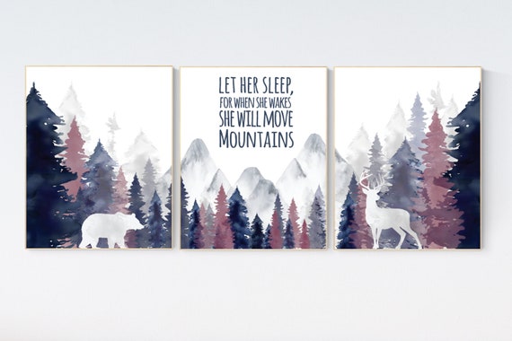 Nursery decor woodland, mountain wall art, tree nursery decor, adventure theme nursery, forest, navy, plum color, woodland animals, forest