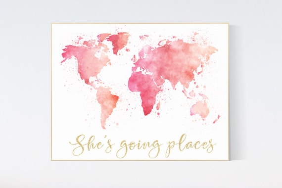 Pink gold world map watercolor, she's going places, blush pink and gold, world map print for nursery, nursery decor girl, pink and gold