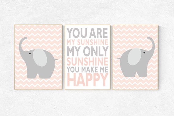 Peach nursery, elephant nursery, You Are My Sunshine Nursery Art, coral nursery decor, nursery decor girl, Girl nursery wall art, Girls room