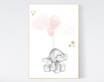 Elephant Nursery Art: Blush Pink Balloons, Gold Stars Print