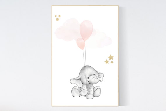 Nursery wall art girl, Blush pink nursery decor, blush gold nursery, nursery decor elephant, peach nursery, blush nursery, animal balloon