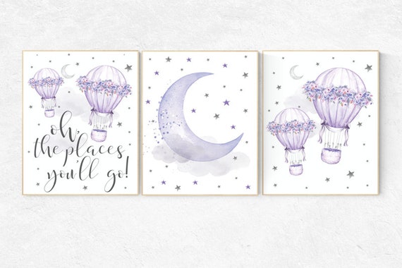 Nursery decor girl purple, cloud and stars, oh the places you'll go, lavender nursery art, lilac nursery decor, hot air balloon nursery