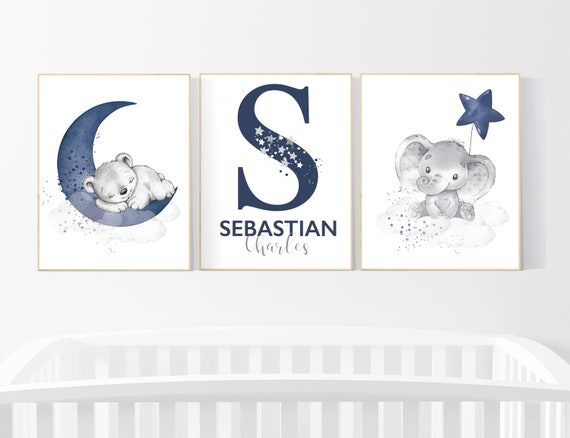 Nursery decor boy, elephant, bear, animal nursery prints, navy nursery, navy blue nursery, baby room wall art, nursery decor boy name