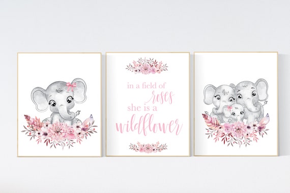 Nursery wall art elephant, nursery decor girl flower, nursery decor girl floral, Boho baby room, pink nursery decor, flower baby room