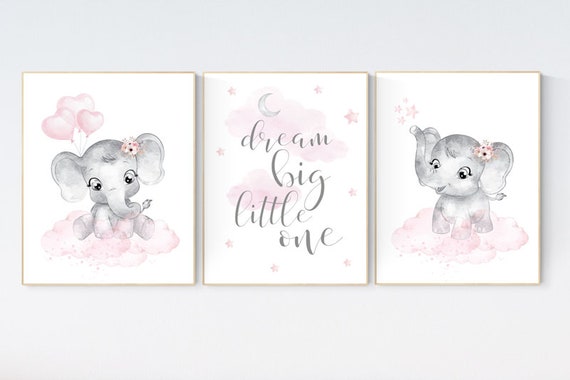 Nursery decor girl, Elephant nursery, nursery wall art elephant,  baby room, girl nursery decor, dream big little one, pink grey elephants