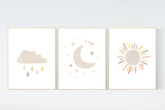 Nursery decor gender neutral, sunshine, neutral Wall Art, cloud Print Set, Cloud and Sun, nursery wall decor, set of 3, neutral colors