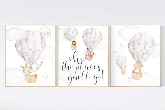 Nursery decor gender neutral, hot air balloon, elephant nursery, woodland animals, baby room decor, animal nursery, hot air balloons