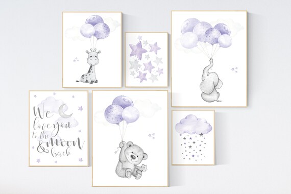 Purple nursery decor, animal nursery decor, girl nursery decor purple, nursery wall art girl, lavender nursery decor, girls room wall decor