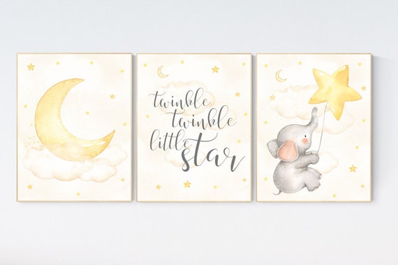 Cloud and stars nursery, Nursery wall art elephant, Nursery decor neutral, gender neutral, twinkle twinkle little star, yellow nursery, moon