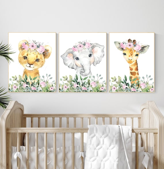 Girl Safari Nursery Wall Art Set – Elephant, Giraffe, Lion with Pink Flowers, Greenery Animal Prints for Baby Girl Room Decor, Set of 3