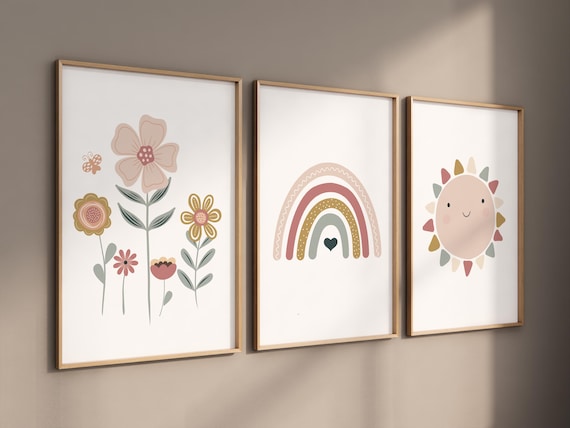 Rainbow Nursery Print: Earth Tone Flower & Sun Art