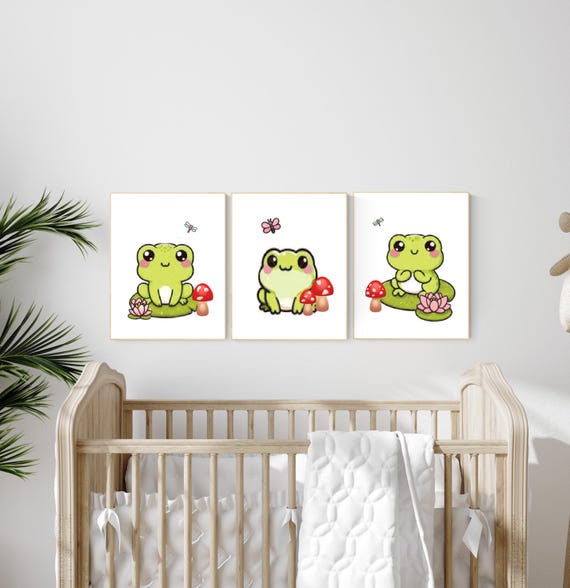 Frog nursery, frogs nursery, Mushroom nursery decor, green nursery, gender neutral nursery, frog prints, frog nursery wall art