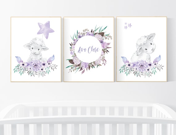 Purple nursery, Boho baby room, nursery wall art sheep, nursery decor girl, nursery decor girl floral, lilac nursery decor, lavender, lamb