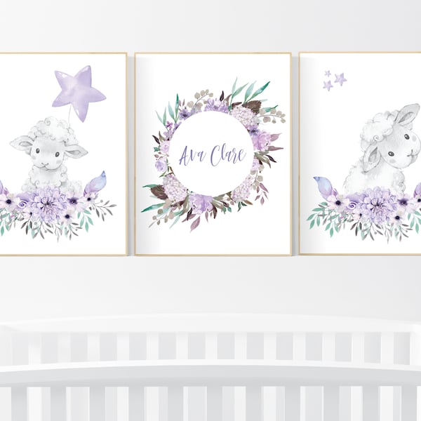 Purple nursery, Boho baby room, nursery wall art sheep, nursery decor girl, nursery decor girl floral, lilac nursery decor, lavender, lamb