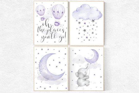 Nursery decor girl purple, nursery decor elephant, Nursery decor girl lavender and gray, oh the places you'll go, lilac, hot air balloons