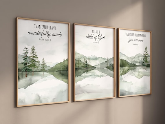 Mountain Nursery Art Print: Sage Green Forest, Bible Verse Decor