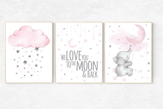 Nursery wall art girl elephant, Nursery decor girl pink and gray, nursery prints girl, cloud and stars, we love you to the moon and back