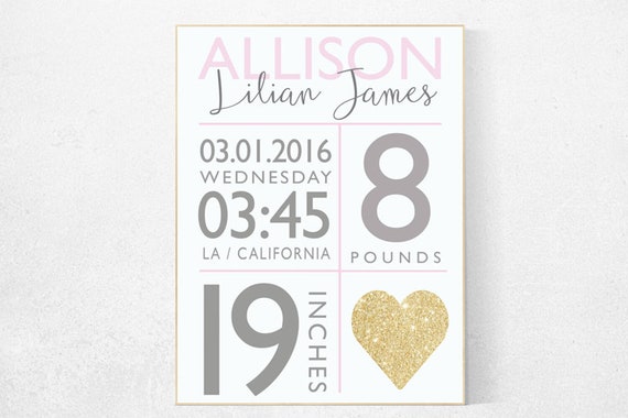 Girl birth announcement nursery decor, pink and gold  nursery decor, nursery prints, baby birth print, baby print, baby stats