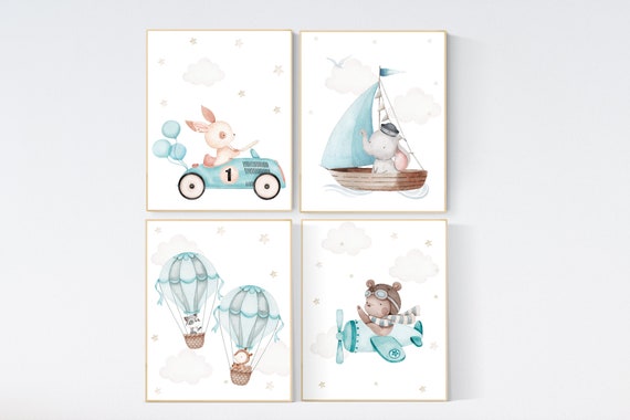 Nursery wall art animals, teal nursery, gender neutral, neutral nursery, bear nursery, elephant nursery, rabbit nursery, travel nursery