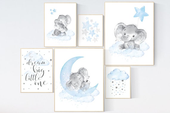Nursery decor boy elephant, nursery wall art boy, Blue and gray, cloud and stars, baby room art elephant, elephant nursery art, moon nursery