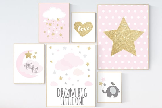 Nursery decor girl pink and gold, elephant nursery, dream big little one, pink gold nursery print, moon and back, cloud and stars, pink gold