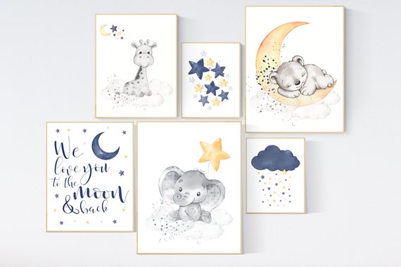 Nursery decor animals, navy yellow gray, gender neutral, nursery wall art boy, navy Blue, elephant, giraffe, bear, navy yellow grey, animals