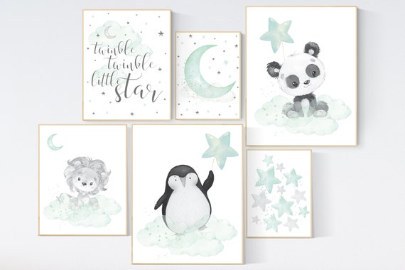 Nursery decor mint, mint green nursery,panda, lion, penguin, gender neutral nursery, mint green nursery wall decor, animal prints