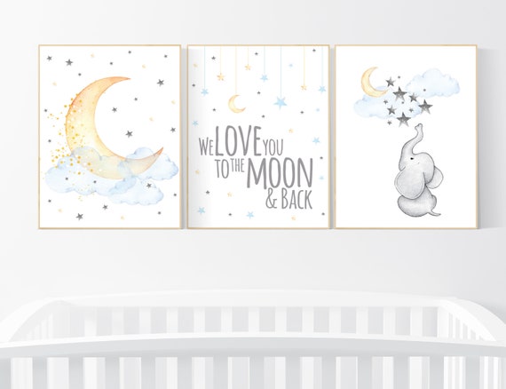 Nursery wall art elephant, neutral nursery, Gender neutral nursery, we love you to the moon and back, Baby wall decor, baby room decor, moon