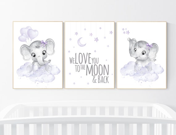 Nursery prints girl, Nursery decor girl purple, nursery decor elephant girl, moon and stars, lavender, girl nursery ideas, lilac nursery