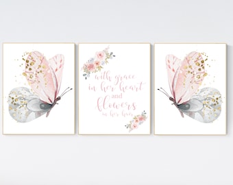 Butterfly Nursery Art: Pink & Gold Girl Room Decor