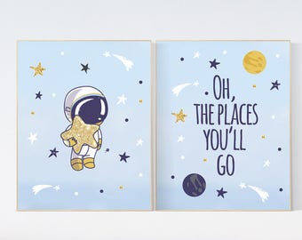 Space Nursery Wall Art: Astronaut, Moon, Stars Print