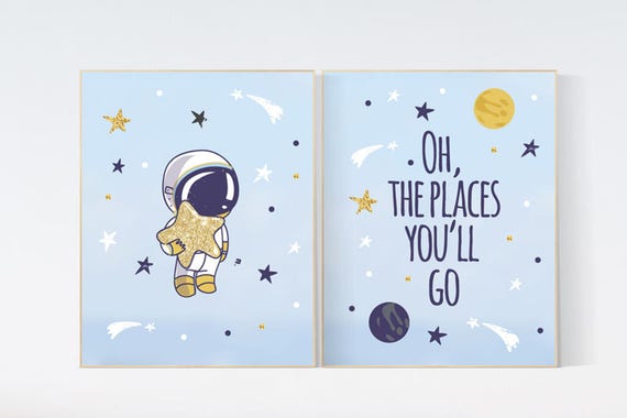 Outer space nursery wall art, oh the places you'll go, navy space nursery decor, baby boy, moon print, playroom decor, kids room