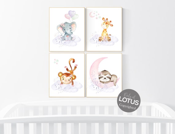 Animal nursery, jungle animals, elephant, giraffe, bear, bunny, nursery decor animals, Nursery wall art girl, girls room decor, woodland