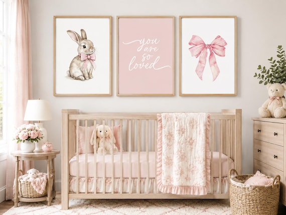 Bunny Nursery Art Set: Pink Bow, You are so loved print