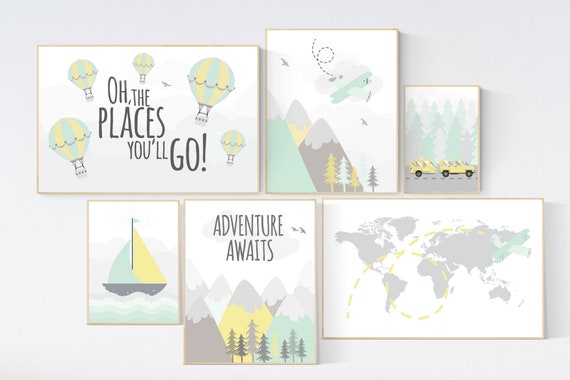 Adventure nursery decor, nursery decor airplane, world map nursery, adventure awaits, yellow mint nursery, travel theme, gender neutral