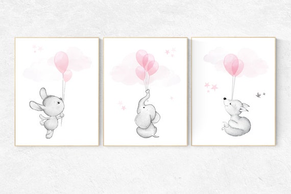 Nursery decor elephant, nursery decor woodland animal, bunny nursery art, nursery decor girl woodland, fox nursery, girls room decor animals