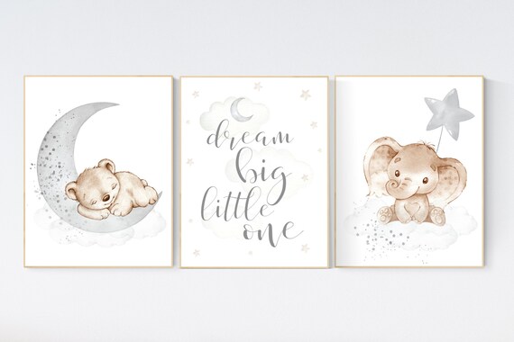 Nursery wall art animals, gray nursery, gender neutral nursery, neutral nursery, bear, elephant, gray nursery, dream big little one