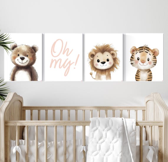 Safari Animal Nursery Wall Art Set of 4, Bear Lion Tiger Prints, Oh My Quote, Baby Boy Girl Jungle Animal Room Decor, Safari Wall Art