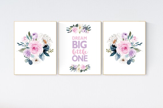 Purple pink flower nursery decor, Nursery decor girl pink purple, dream big little one, lavender nursery, lilac nursery
