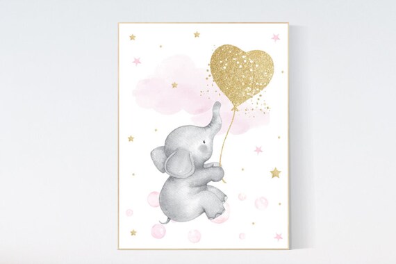 Nursery decor girl, elephant nursery, baby room decor girl gold and pink, girl nursery decor, cloud and stars, elephant nursery wall art