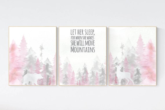 Nursery decor woodland, mountain wall art, tree nursery decor, adventure theme nursery, forest, pink and gray, woodland animals, pink gray