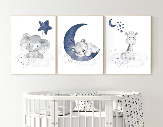 Nursery decor elephant and giraffe, animal nursery prints, navy nursery, navy blue nursery, baby room wall art, woodland animal prints