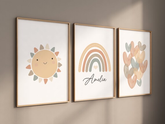Rainbow nursery, gender neutral, earth colors, rainbow prints, heart print, neutral colors, baby room decor, sunshine print