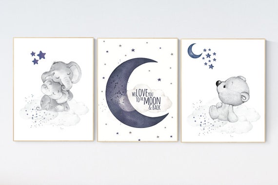 Nursery decor elephant and bear, animal nursery prints, navy nursery, navy blue nursery, baby room wall art, woodland animal prints